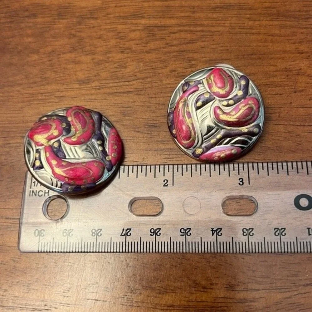 Vintage Button Earrings Oversized Hand Painted Paisley Silver Circle Studs